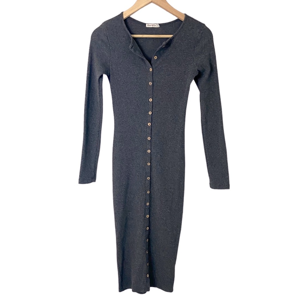 Heart Hips Women's Y2K Button Front Ribbed Bodycon Midi Dress Grey Size S